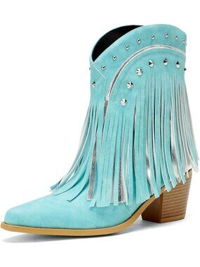 Women Blue Western Ankle Bootie Pointed Toe Cowgirl Fringe Tassel Fashion Shoes